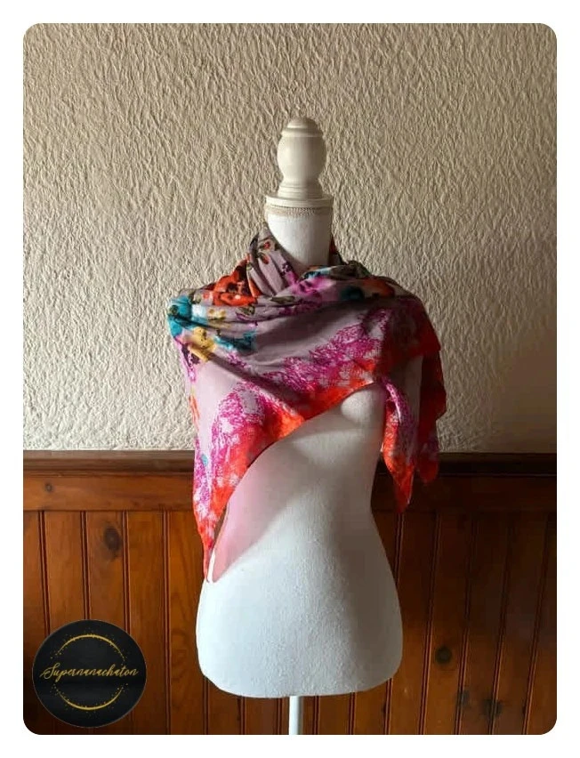 Grand foulard soyeux motif floral Zambak – Rose Violet et Liseré orange